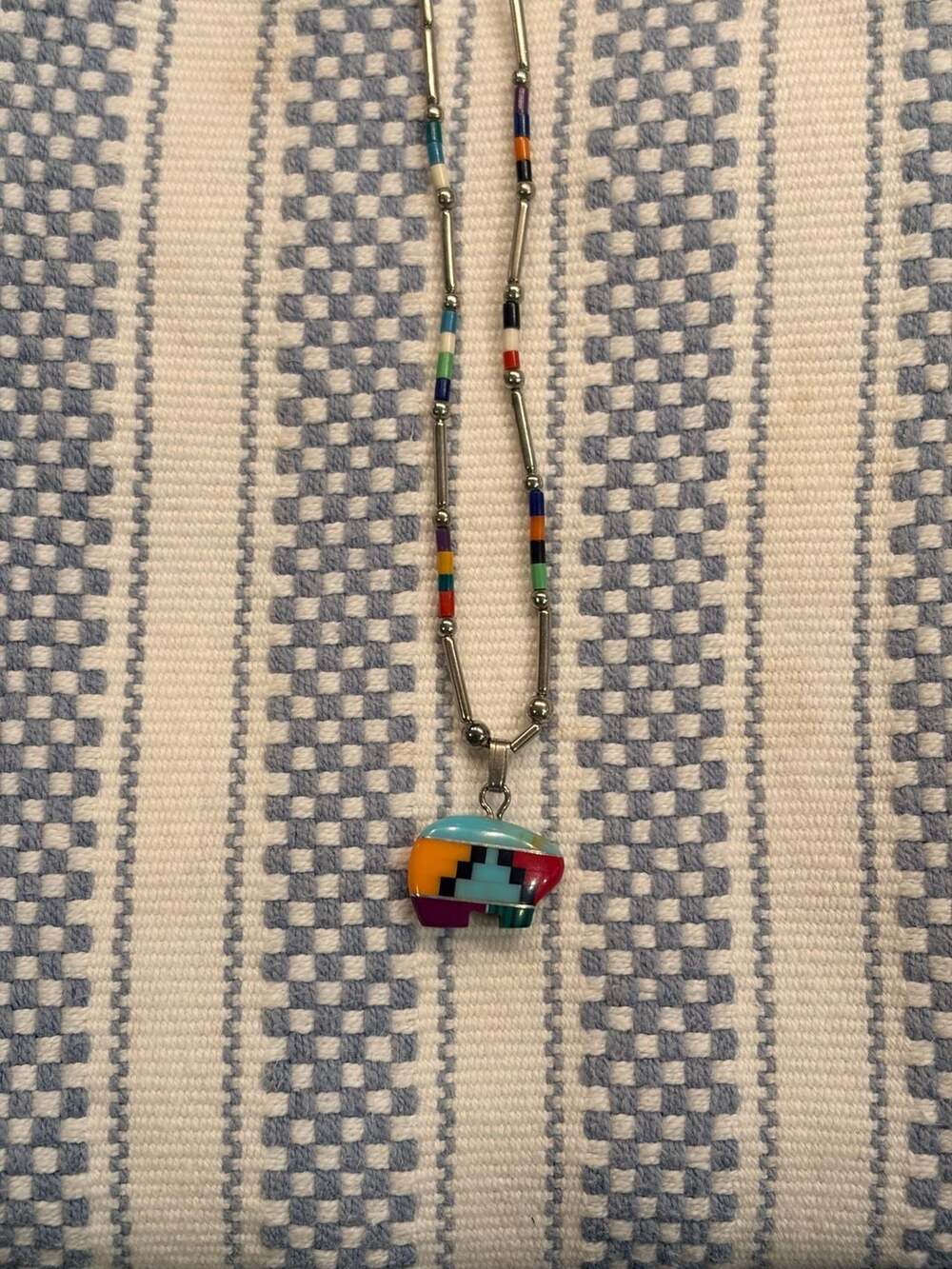 Vintage Southwestern Inlay Multi Gemstone Zuni Bear Liquid Silver Necklace
